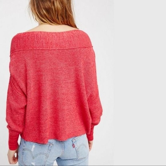 Free People Alana Pullover Linen Cotton Blend Red Knit Off The Shoulder Sweater - Picture 5 of 10